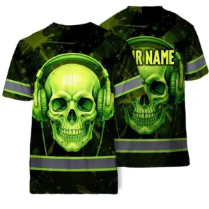 Hi Vis T Shirt Reflective Tapes Lime Neon Skull Custom Name Safety Workwear For Workers, Runners, Cyclists