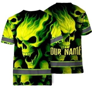 Hi Vis T Shirt Reflective Tapes Lime Neon Skull Custom Name Safety Workwear For Workers, Runners, Cyclists
