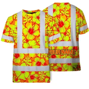 Hi Vis T Shirt Reflective Tapes Orange Neon And Yellow Flowers Hawaii Custom Name Safety Workwear For Workers, Truckers, Operators