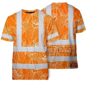 Hi Vis T Shirt Reflective Tapes Orange Neon Flowers Custom Name Safety Workwear For Workers, Truckers, Operators