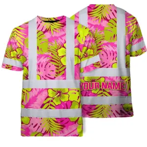 Hi Vis T Shirt Reflective Tapes Pink Neon And Lime Flowers Hawaii Custom Name Safety Workwear For Workers, Truckers, Operators
