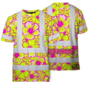 Hi Vis T Shirt Reflective Tapes Pink Neon And Lime Flowers Hawaii Custom Name Safety Workwear For Workers, Truckers, Operators