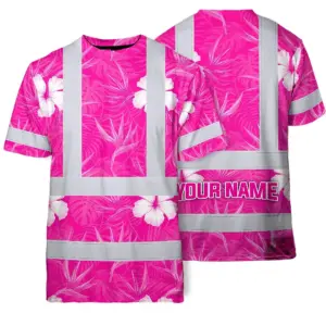 Hi Vis T Shirt Reflective Tapes Pink Neon Flowers Hawaii Custom Name Safety Workwear For Workers, Truckers, Operators