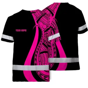 Hi Vis T Shirt Reflective Tapes Pink Neon Hawaii Custom Name Safety Workwear For Workers, Truckers, Operators