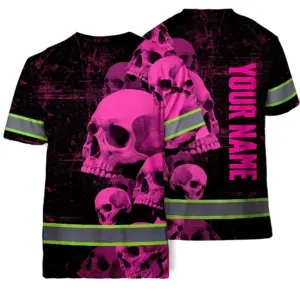 Hi Vis T Shirt Reflective Tapes Pink Neon Skull Custom Name Safety Workwear For Workers, Runners, Cyclists