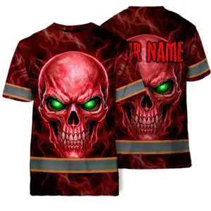 Hi Vis T Shirt Reflective Tapes Red Neon Skull Custom Name Safety Workwear For Workers, Runners, Cyclists