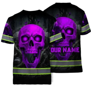 Hi Vis T Shirt Reflective Tapes Violet Neon Skull Custom Name Safety Workwear For Workers, Runners, Cyclists