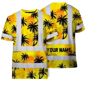Hi Vis T Shirt Reflective Tapes Yellow Neon Flowers Custom Name Safety Workwear For Workers, Truckers, Operators