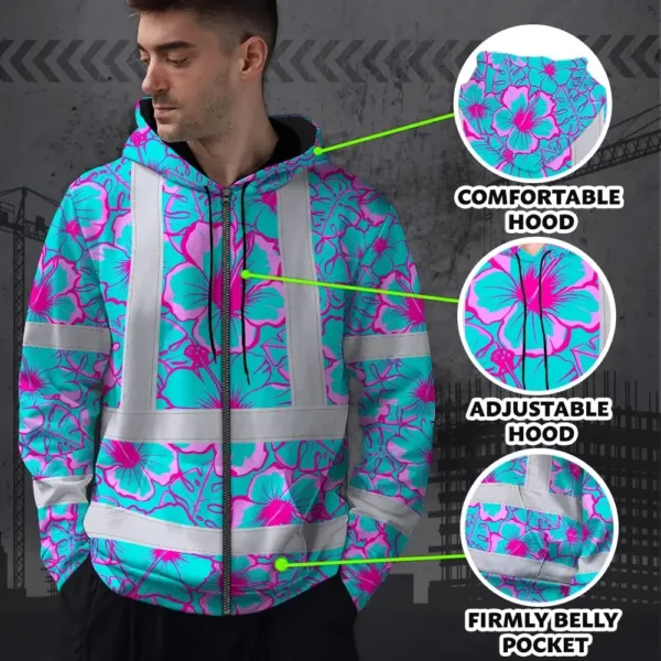 hi-vis-zip-hoodie-reflective-tapes-blue-neon-and-pink-flowers-custom-ba131.webp