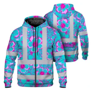 Hi Vis Zip Hoodie Reflective Tapes Blue Neon And Pink Flowers Custom Name Safety Workwear For Workers, Truckers, Operators