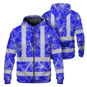 Hi Vis Zip Hoodie Reflective Tapes Blue Neon Flowers Custom Name Safety Workwear For Workers, Truckers, Operators