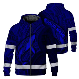 Hi Vis Zip Hoodie Reflective Tapes Blue Neon Hawaii Whale Custom Name Safety Workwear For Workers, Truckers, Operators