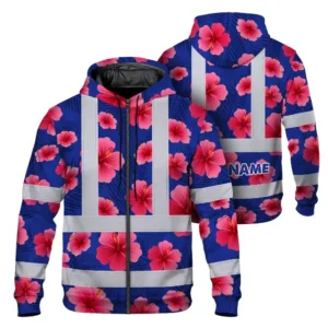 Hi Vis Zip Hoodie Reflective Tapes Blue Neon Pink Flowers Custom Name Safety Workwear For Workers, Truckers, Operators