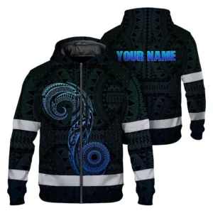 Hi Vis Zip Hoodie Reflective Tapes Gradient Blue Neon Hawaii Custom Name Safety Workwear For Workers, Truckers, Operators