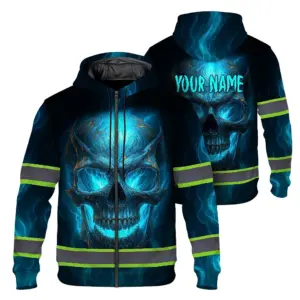Hi Vis Zip Hoodie Reflective Tapes Gradient Blue Neon Skull Custom Name Safety Workwear For Workers, Runners, Cyclists