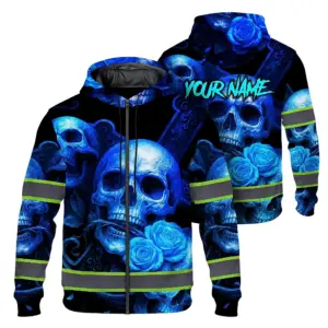 Hi Vis Zip Hoodie Reflective Tapes Gradient Blue Neon Skull Custom Name Safety Workwear For Workers, Runners, Cyclists