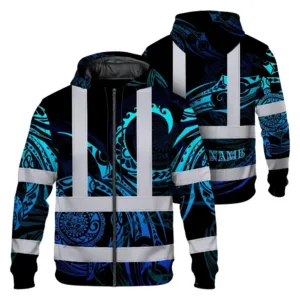 Hi Vis Zip Hoodie Reflective Tapes Gradient Turtle Hawaiian Polynesian Tribal Custom Name Safety Workwear For Workers, Truckers, Operators
