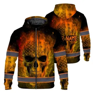 Hi Vis Zip Hoodie Reflective Tapes Gradient Yellow Orange Neon Skull Custom Name Safety Workwear For Workers, Runners, Cyclists