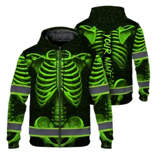 Hi Vis Zip Hoodie Reflective Tapes Green Neon Bone Skull Custom Name Safety Workwear For Workers, Runners, Cyclists