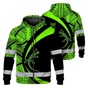 Hi Vis Zip Hoodie Reflective Tapes Green Neon Hawaii Custom Name Safety Workwear For Workers, Truckers, Operators
