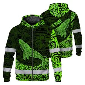 Hi Vis Zip Hoodie Reflective Tapes Green Neon Hawaii Whale Custom Name Safety Workwear For Workers, Truckers, Operators