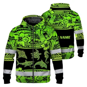 Hi Vis Zip Hoodie Reflective Tapes Green Neon Hawaiian Polynesian Tribal Custom Name Safety Workwear For Workers, Truckers, Operators