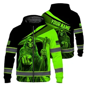 Hi Vis Zip Hoodie Reflective Tapes Green Neon Skull US Flag Custom Name Safety Workwear For Workers, Runners, Cyclists