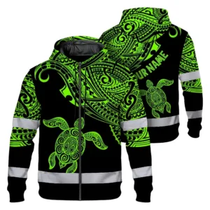 Hi Vis Zip Hoodie Reflective Tapes Green Neon Turtle Hawaii Custom Name Safety Workwear For Workers, Truckers, Operators