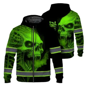 Hi Vis Zip Hoodie Reflective Tapes Green Smoke Neon Skull Custom Name Safety Workwear For Workers, Runners, Cyclists