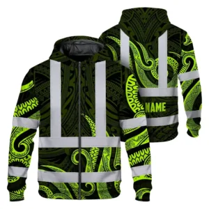 Hi Vis Zip Hoodie Reflective Tapes Hawaiian Polynesian Tribal Custom Name Safety Workwear For Workers, Truckers, Operators