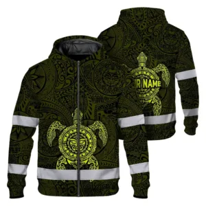 Hi Vis Zip Hoodie Reflective Tapes Lime Neon Hawaii Turtle Custom Name Safety Workwear For Workers, Truckers, Operators