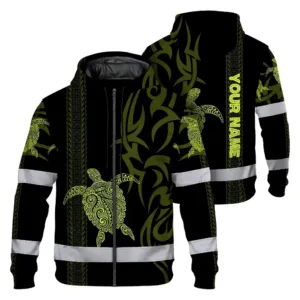 Hi Vis Zip Hoodie Reflective Tapes Lime Neon Hawaiian Polynesian Tribal Custom Name Safety Workwear For Workers, Truckers, Operators