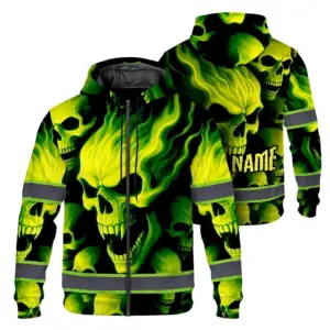 Hi Vis Zip Hoodie Reflective Tapes Lime Neon Skull Custom Name Safety Workwear For Workers, Runners, Cyclists