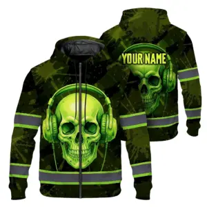 Hi Vis Zip Hoodie Reflective Tapes Lime Neon Skull Custom Name Safety Workwear For Workers, Runners, Cyclists