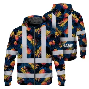 Hi Vis Zip Hoodie Reflective Tapes Orange Neon And Dark Blue Custom Name Safety Workwear For Workers, Truckers, Operators