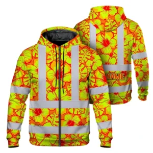 Hi Vis Zip Hoodie Reflective Tapes Orange Neon And Yellow Flowers Custom Name Safety Workwear For Workers, Truckers, Operators