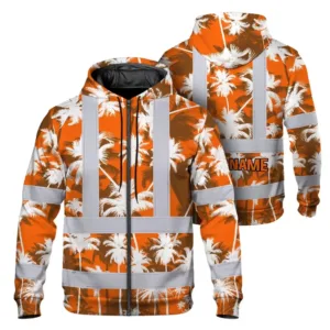 Hi Vis Zip Hoodie Reflective Tapes Orange Neon Flowers Custom Name Safety Workwear For Workers, Truckers, Operators