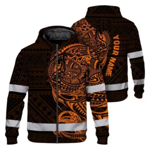 Hi Vis Zip Hoodie Reflective Tapes Orange Neon Hawaiian Polynesian Tribal Custom Name Safety Workwear For Workers, Truckers, Operators