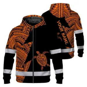 Hi Vis Zip Hoodie Reflective Tapes Orange Neon Turtle Hawaii Custom Name Safety Workwear For Workers, Truckers, Operators