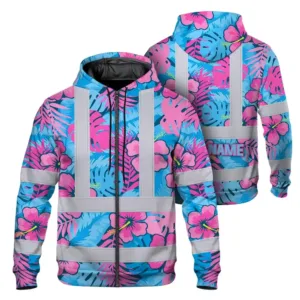 Hi Vis Zip Hoodie Reflective Tapes Pink Neon And Blue Flowers Custom Name Safety Workwear For Workers, Truckers, Operators