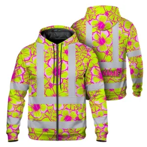 Hi Vis Zip Hoodie Reflective Tapes Pink Neon And Lime Flowers Custom Name Safety Workwear For Workers, Truckers, Operators