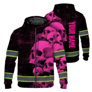 Hi Vis Zip Hoodie Reflective Tapes Pink Neon Skull Custom Name Safety Workwear For Workers, Runners, Cyclists