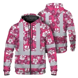 Hi Vis Zip Hoodie Reflective Tapes Pink Violet Flowers Custom Name Safety Workwear For Workers, Truckers, Operators