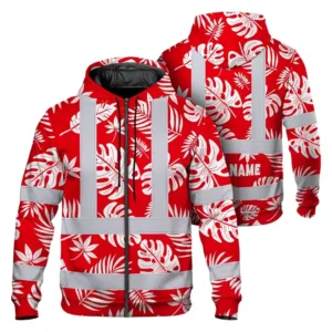 Hi Vis Zip Hoodie Reflective Tapes Red Neon Flowers Custom Name Safety Workwear For Workers, Truckers, Operators