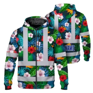Hi Vis Zip Hoodie Reflective Tapes Red Neon Pink Flowers Custom Name Safety Workwear For Workers, Truckers, Operators