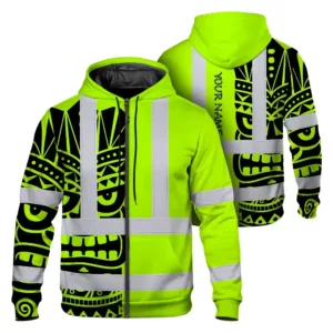 Hi Vis Zip Hoodie Reflective Tapes TiKi Hawaiian Polynesian Tribal Custom Name Safety Workwear For Workers, Truckers, Operators