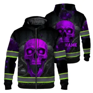 Hi Vis Zip Hoodie Reflective Tapes Violet Neon Skull Custom Name Safety Workwear For Workers, Runners, Cyclists