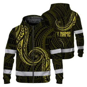 Hi Vis Zip Hoodie Reflective Tapes Yellow Neon Hawaii Custom Name Safety Workwear For Workers, Truckers, Operators