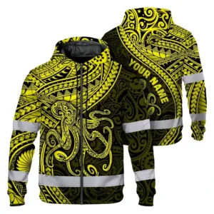 Hi Vis Zip Hoodie Reflective Tapes Yellow Neon Hawaii Octopus Custom Name Safety Workwear For Workers, Truckers, Operators