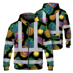 Hi Vis Zip Hoodie Reflective Tapes Yellow Neon Skull Custom Name Safety Workwear For Workers, Truckers, Operators